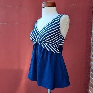 Lands' End Swim Slimming Swing Stripe Padded Bra Tankini Top 10 Navy White